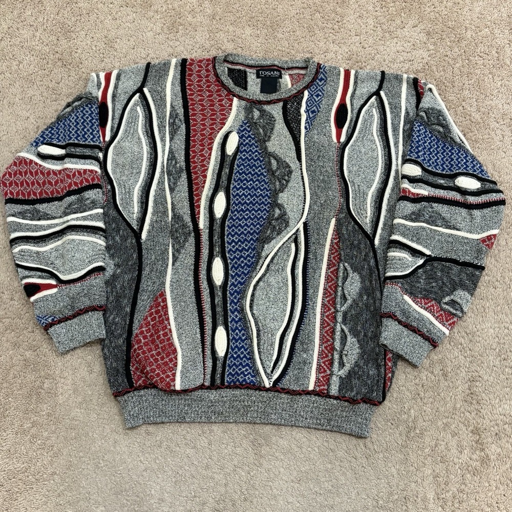 Vintage Tosani 3D Knit Sweater Men's Large Gray Pullover 90s Canada